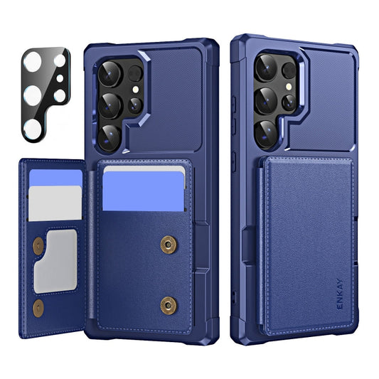 Pour Samsung Galaxy S24 Ultra 5G ENKAY Hat-Prince Étui de téléphone en cuir avec fente pour carte et film d'objectif en TPU (bleu foncé)