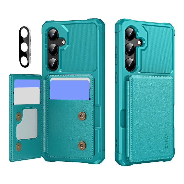Pour Samsung Galaxy A55 5G ENKAY Hat-Prince Étui de Téléphone en Cuir PU avec Emplacements pour Cartes, Dos en TPU et Film de Protection d'Objectif (Cyan)