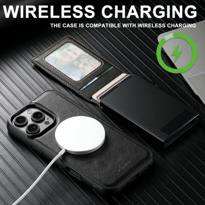 For iPhone 16 Pro Max Suteni H19 Oil Wax 2-in-1 MagSafe Removable Card Box Back Phone Case(Black)