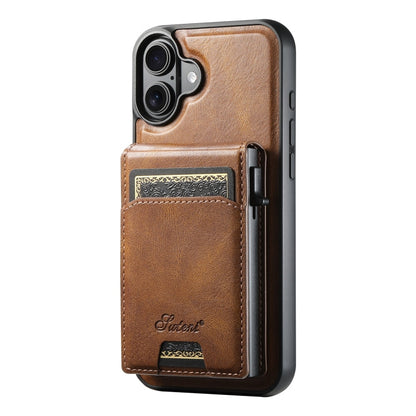 Pour iPhone 16 Plus Suteni H19 Étui de téléphone arrière 2-en-1 en cuir huilé avec boîte à cartes amovible MagSafe (Marron)