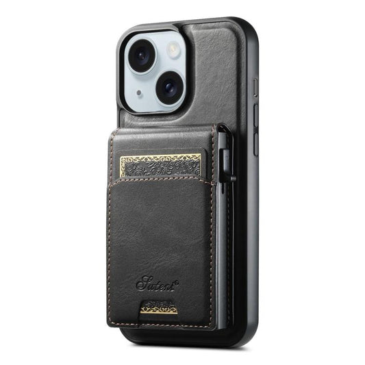 For iPhone 15 Plus Suteni H19 Oil Wax 2-in-1 MagSafe Removable Card Box Back Phone Case(Black)