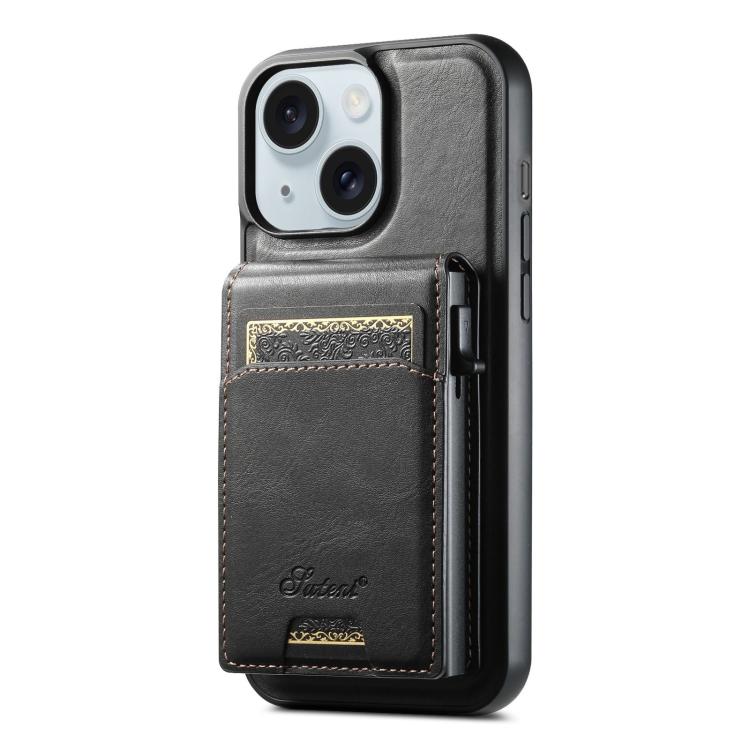 For iPhone 15 Plus Suteni H19 Oil Wax 2-in-1 MagSafe Removable Card Box Back Phone Case(Black)