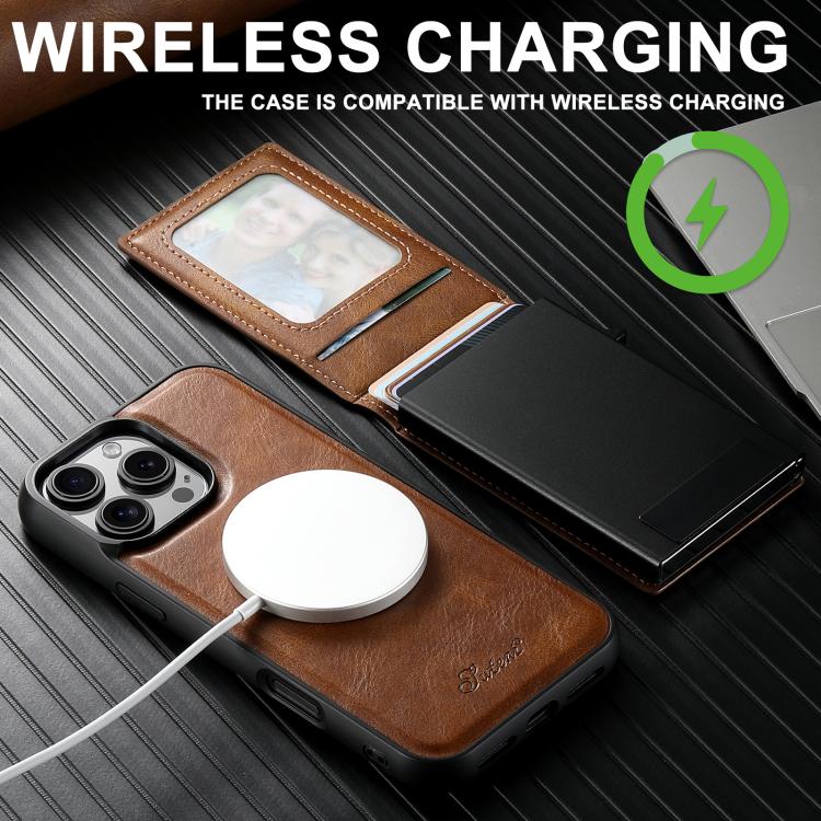 For iPhone 15 Plus Suteni H19 Oil Wax 2-in-1 MagSafe Removable Card Box Back Phone Case(Brown)