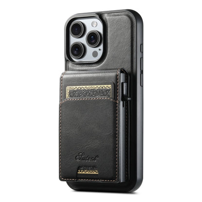 For iPhone 15 Pro Suteni H19 Oil Wax 2-in-1 MagSafe Removable Card Box Back Phone Case(Black)