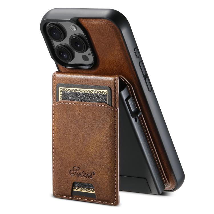For iPhone 15 Pro Suteni H19 Oil Wax 2-in-1 MagSafe Removable Card Box Back Phone Case(Brown)