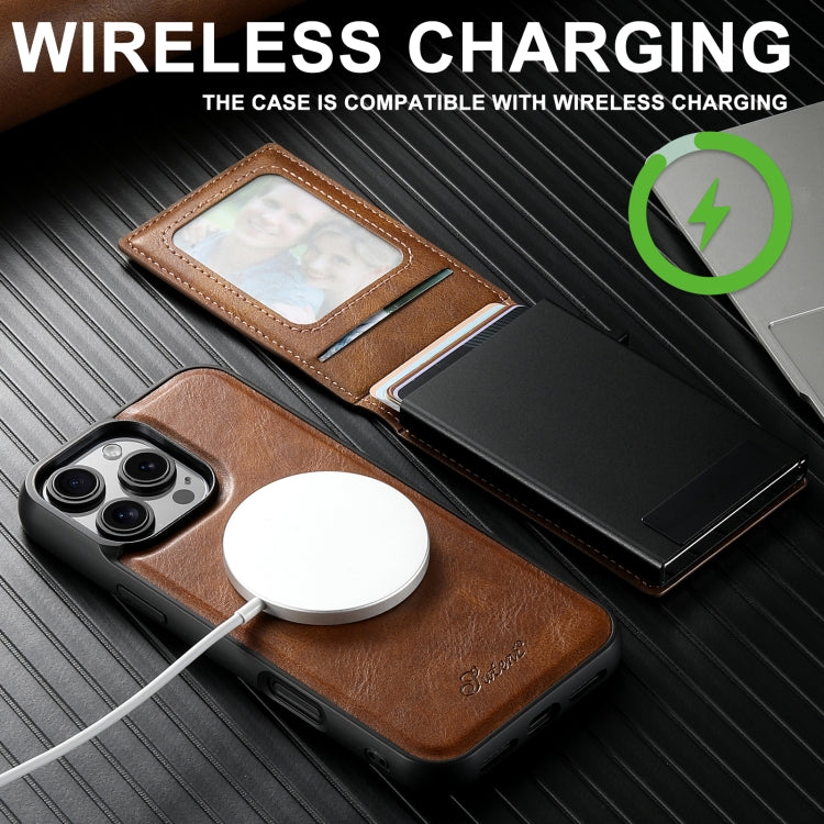 For iPhone 15 Pro Suteni H19 Oil Wax 2-in-1 MagSafe Removable Card Box Back Phone Case(Brown)