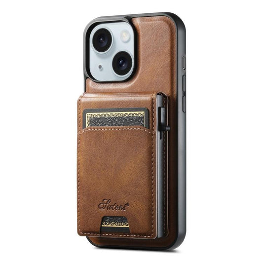 For iPhone 15 Suteni H19 Oil Wax 2-in-1 MagSafe Removable Card Box Back Phone Case(Brown)