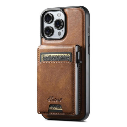 For iPhone 14 Pro Max Suteni H19 Oil Wax 2-in-1 MagSafe Removable Card Box Back Phone Case(Brown)