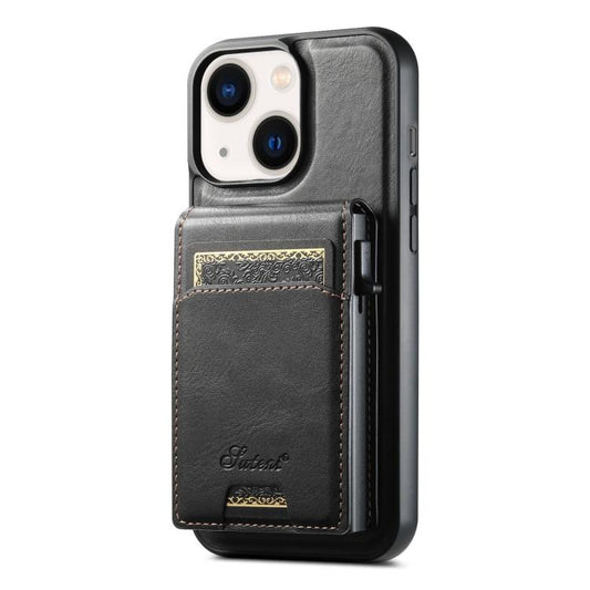 Pour iPhone 14 Plus Suteni H19 Huile Cire 2-en-1 MagSafe Amovible Boîte à cartes Coque arrière de téléphone (Noir)