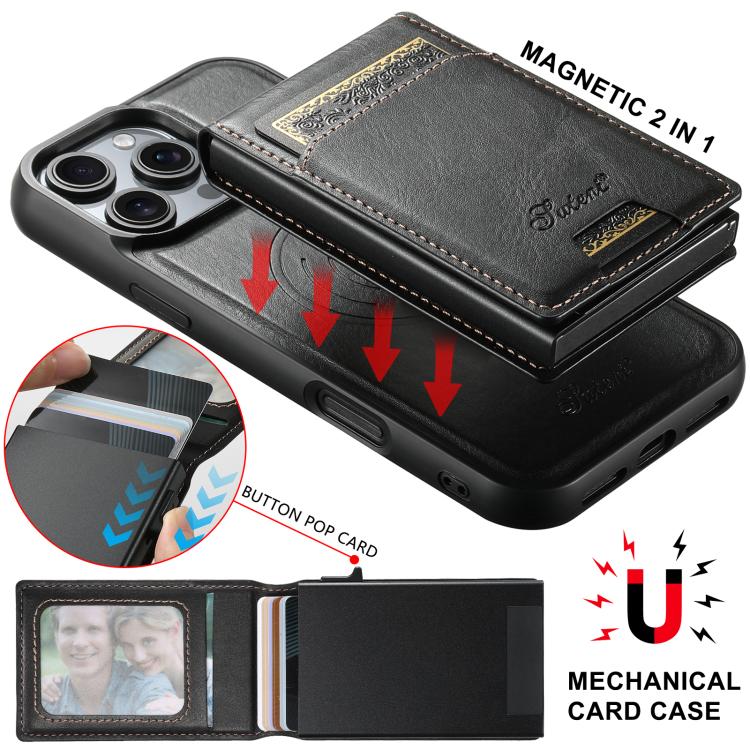 For iPhone 14 Plus Suteni H19 Oil Wax 2-in-1 MagSafe Removable Card Box Back Phone Case(Black)