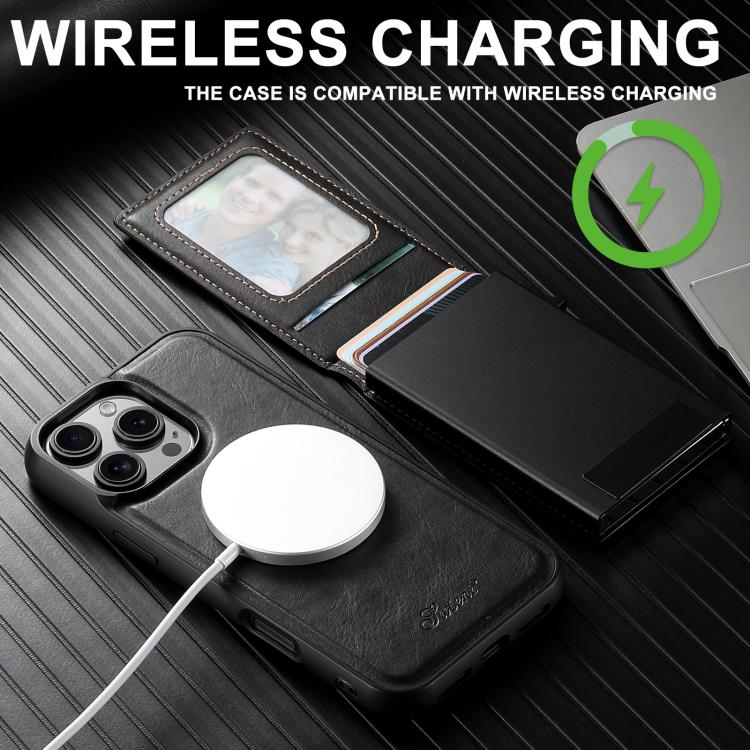 For iPhone 14 Plus Suteni H19 Oil Wax 2-in-1 MagSafe Removable Card Box Back Phone Case(Black)