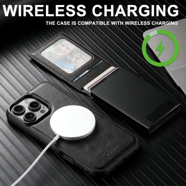 For iPhone 14 Plus Suteni H19 Oil Wax 2-in-1 MagSafe Removable Card Box Back Phone Case(Black)