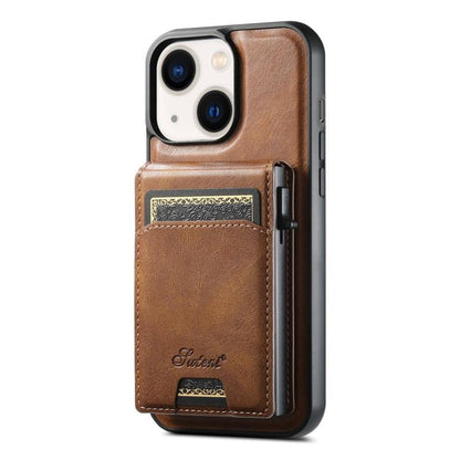 For iPhone 14 Suteni H19 Oil Wax 2-in-1 MagSafe Removable Card Box Back Phone Case(Brown)