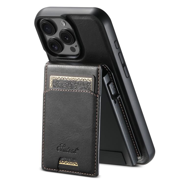 Pour iPhone 13 Pro Étui Suteni H19 en Cuir Huilé Cire 2-en-1 avec MagSafe et Porte-Cartes Détachable (Noir)