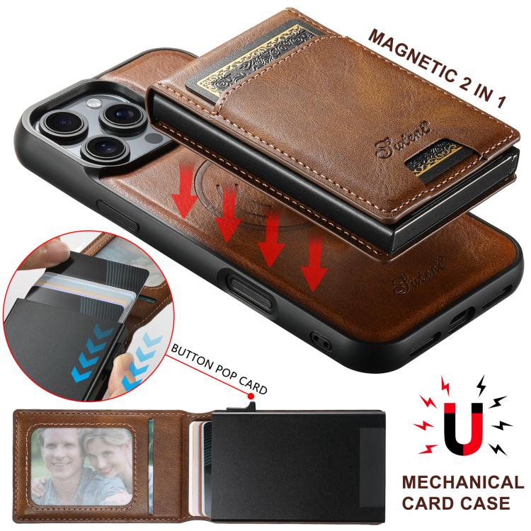 For iPhone 12 Pro Suteni H19 Oil Wax 2-in-1 MagSafe Removable Card Box Back Phone Case(Brown)