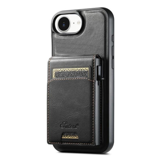 For iPhone 17e / 16e Suteni H19 Oil Wax 2-in-1 MagSafe Removable Card Box Back Phone Case(Black)