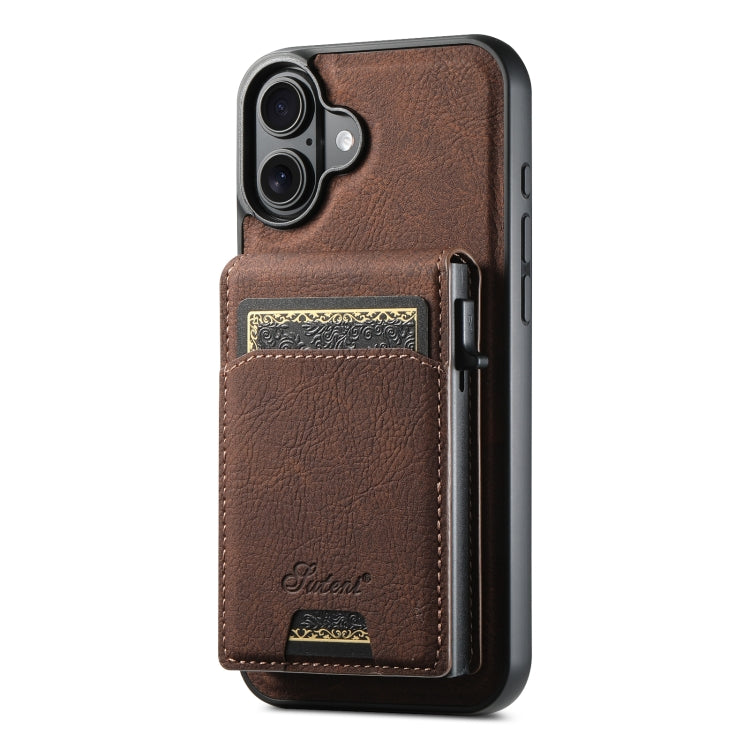 For iPhone 16 Suteni H19 Litchi Grain 2-in-1 MagSafe Removable Card Box Back Phone Case(Brown)