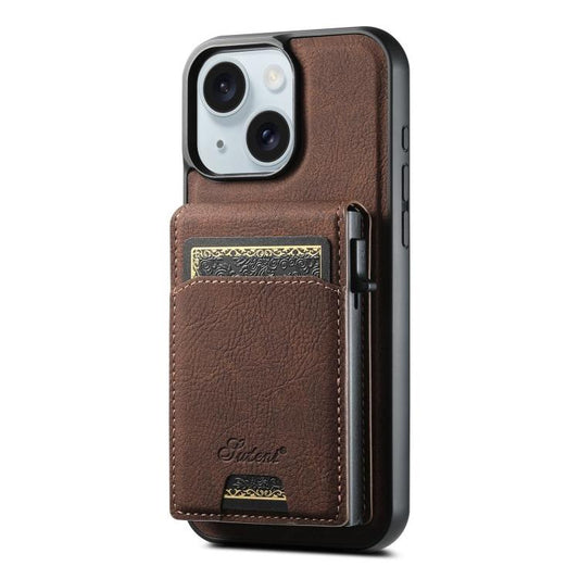 For iPhone 15 Plus Suteni H19 Litchi Grain 2-in-1 MagSafe Removable Card Box Back Phone Case(Brown)