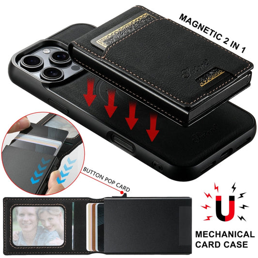 For iPhone 15 Suteni H19 Litchi Grain 2-in-1 MagSafe Removable Card Box Back Phone Case(Black)