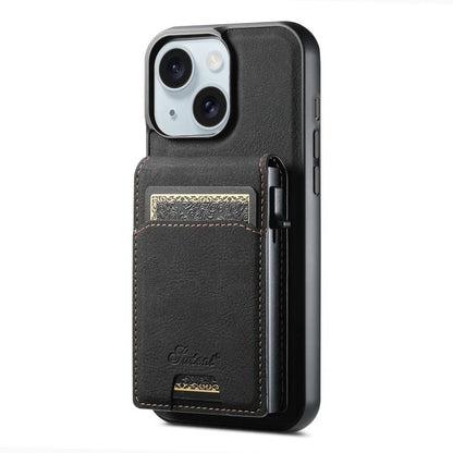 For iPhone 15 Suteni H19 Litchi Grain 2-in-1 MagSafe Removable Card Box Back Phone Case(Black)