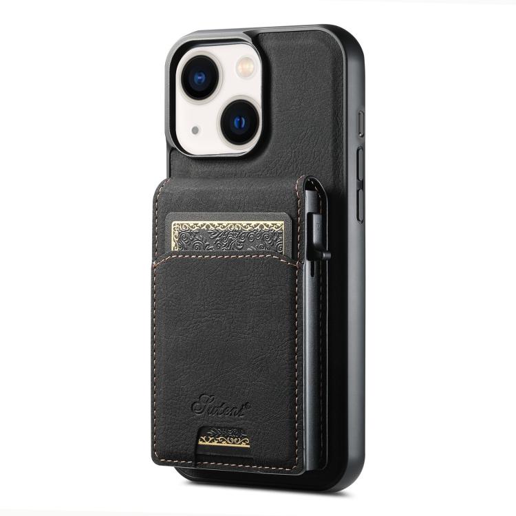 For iPhone 14 Plus Suteni H19 Litchi Grain 2-in-1 MagSafe Removable Card Box Back Phone Case(Black)