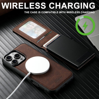 For iPhone 14 Pro Suteni H19 Litchi Grain 2-in-1 MagSafe Removable Card Box Back Phone Case(Brown)