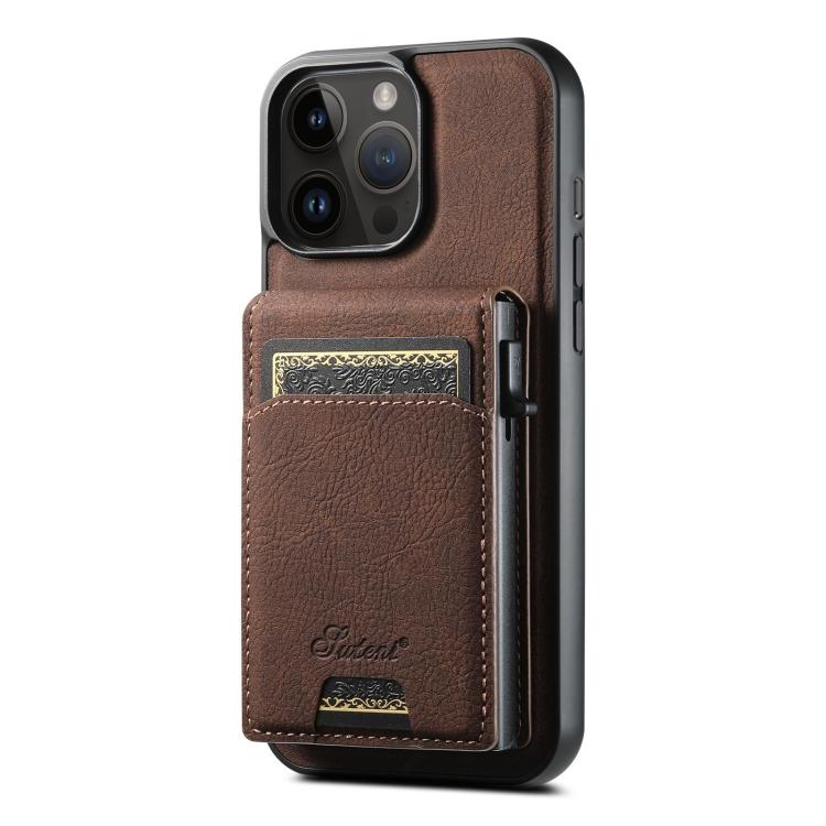 For iPhone 13 Pro Max Suteni H19 Litchi Grain 2-in-1 MagSafe Removable Card Box Back Phone Case(Brown)