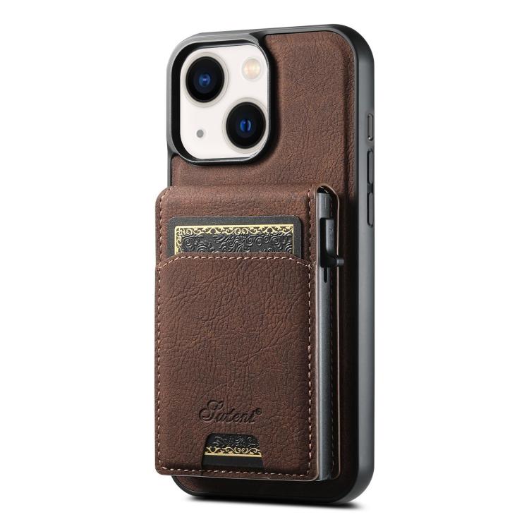 For iPhone 13 Suteni H19 Litchi Grain 2-in-1 MagSafe Removable Card Box Back Phone Case(Brown)