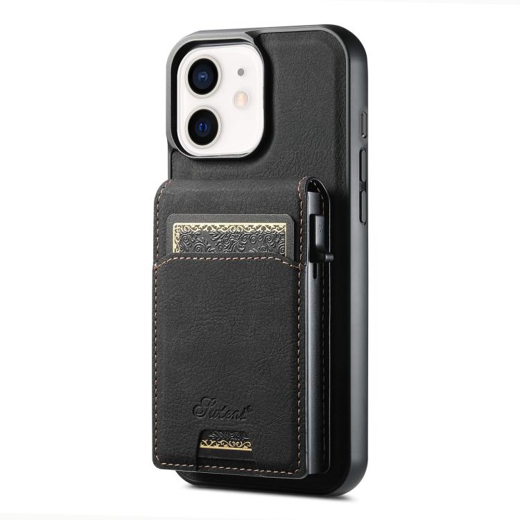 For iPhone 12 Suteni H19 Litchi Grain 2-in-1 MagSafe Removable Card Box Back Phone Case(Black)