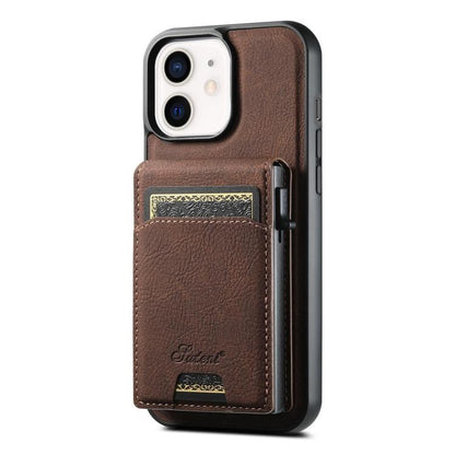 For iPhone 12 Suteni H19 Litchi Grain 2-in-1 MagSafe Removable Card Box Back Phone Case(Brown)
