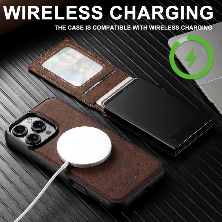 For iPhone 17e / 16e Suteni H19 Litchi Grain 2-in-1 MagSafe Removable Card Box Back Phone Case(Brown)