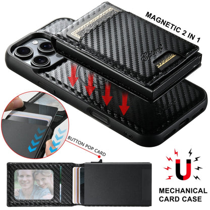 For iPhone 16 Pro Max Suteni H19 Carbon Fiber Grain 2-in-1 MagSafe Removable Card Box Back Phone Case(Black)