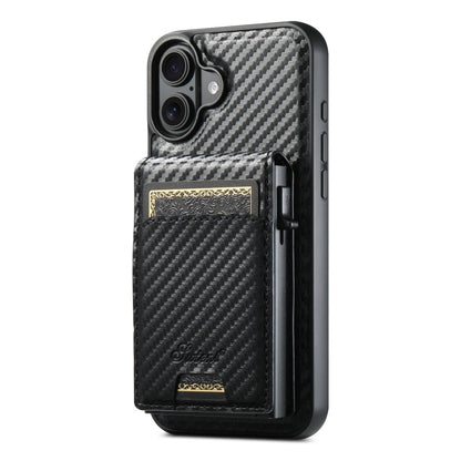For iPhone 16 Plus Suteni H19 Carbon Fiber Grain 2-in-1 MagSafe Removable Card Box Back Phone Case(Black)