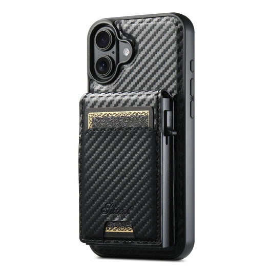 For iPhone 16 Plus Suteni H19 Carbon Fiber Grain 2-in-1 MagSafe Removable Card Box Back Phone Case(Black)