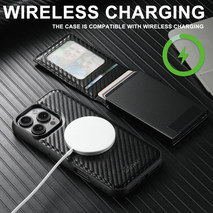 For iPhone 16 Plus Suteni H19 Carbon Fiber Grain 2-in-1 MagSafe Removable Card Box Back Phone Case(Black)