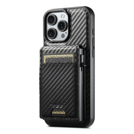 For iPhone 15 Pro Suteni H19 Carbon Fiber Grain 2-in-1 MagSafe Removable Card Box Back Phone Case(Black)