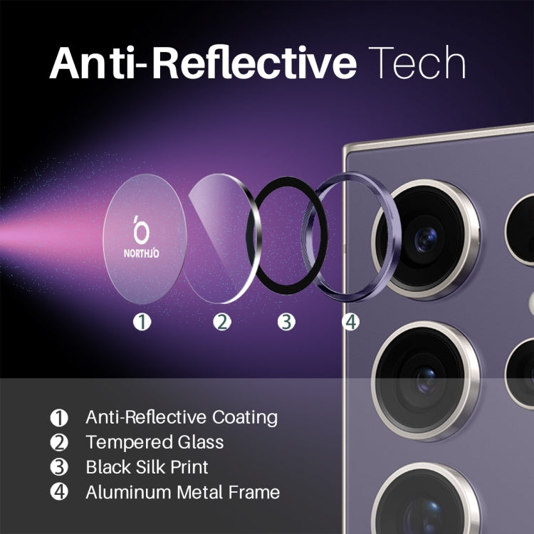 Pour Samsung Galaxy S25 Ultra 5G NORTHJO Protecteur d'objectif d'appareil photo Anneau en métal CD Film en verre trempé (Violet)