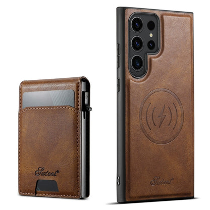For Samsung Galaxy S23 Ultra 5G Suteni H19 Oil Wax 2-in-1 MagSafe Removable Card Box Back Phone Case(Brown)