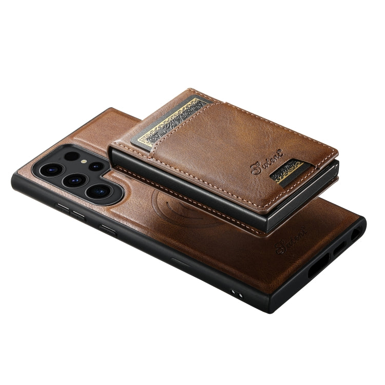 For Samsung Galaxy S22 Ultra 5G Suteni H19 Oil Wax 2-in-1 MagSafe Removable Card Box Back Phone Case(Brown)