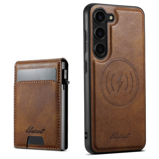 For Samsung Galaxy S22 5G Suteni H19 Oil Wax 2-in-1 MagSafe Removable Card Box Back Phone Case(Brown)