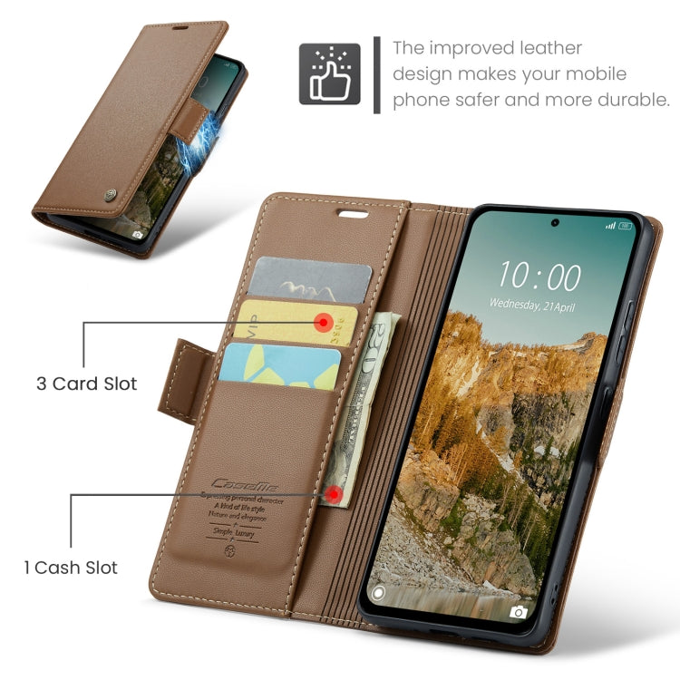 For Redmi Note 14 5G CaseMe 023 Butterfly Buckle Litchi Texture RFID Anti-theft Leather Phone Case(Brown)