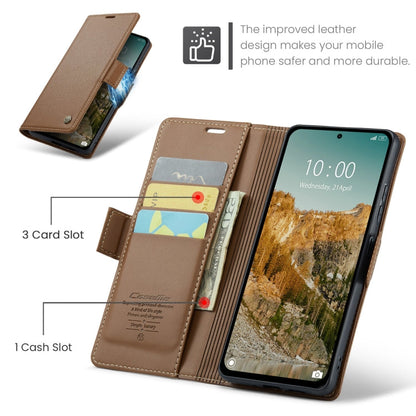 For Redmi Note 14 5G CaseMe 023 Butterfly Buckle Litchi Texture RFID Anti-theft Leather Phone Case(Brown)