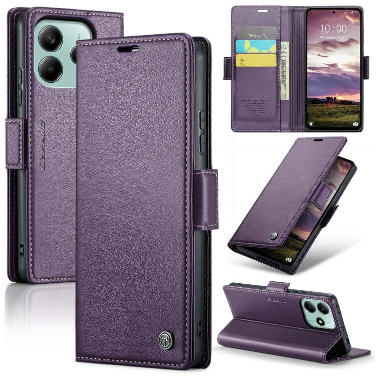 Pour Redmi Note 14 5G Coque Téléphone en Cuir Anti-vol RFID Texturé Litchi avec Fermoir Papillon CaseMe 023 (Violet)