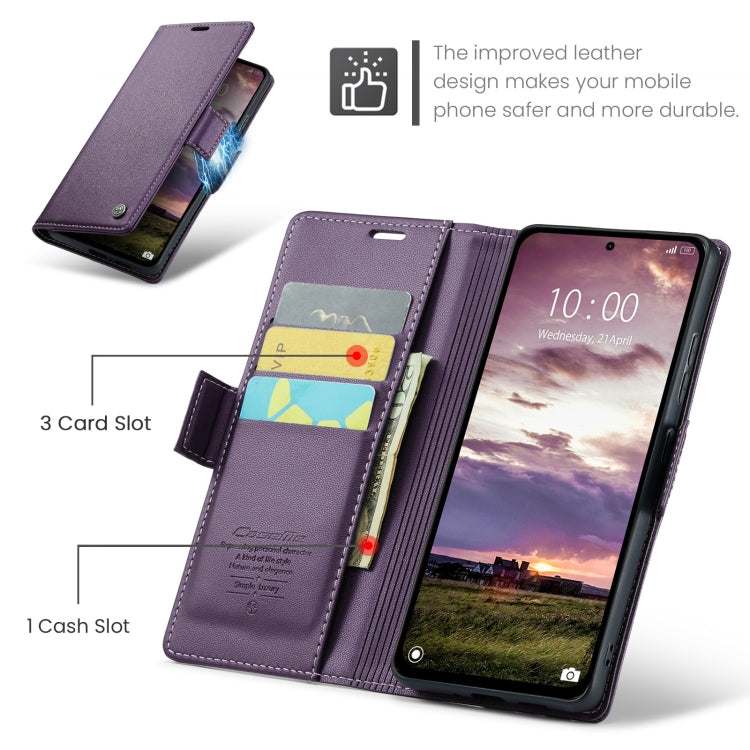 Pour Redmi Note 14 5G Coque Téléphone en Cuir Anti-vol RFID Texturé Litchi avec Fermoir Papillon CaseMe 023 (Violet)