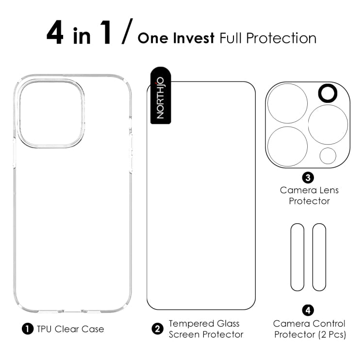 For iPhone 16 Pro NORTHJO 4 in 1 TPU Phone Case with Screen Film and Lens Film and Camera Control Button Cover(Clear)