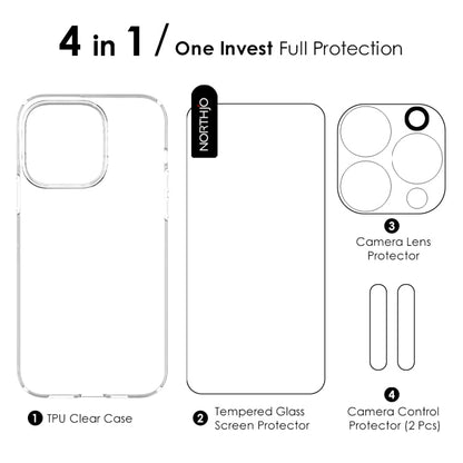 For iPhone 16 Pro NORTHJO 4 in 1 TPU Phone Case with Screen Film and Lens Film and Camera Control Button Cover(Clear)