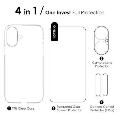 Pour iPhone 16 Plus Étui de téléphone en TPU 4 en 1 NORTHJO avec film de protection d'écran, film de protection d'objectif et couvercle de bouton de contrôle d'appareil photo (Transparent)