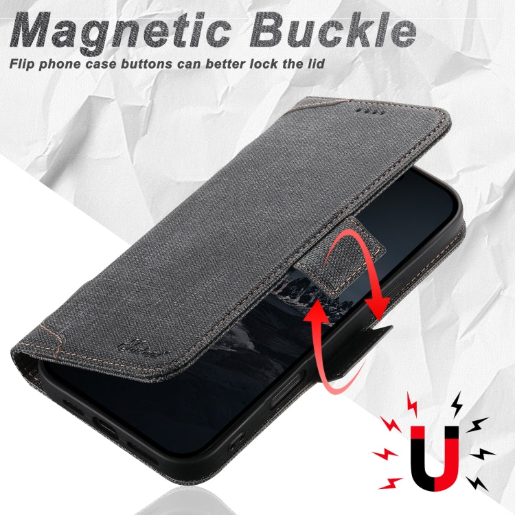 For iPhone 16 Plus Suteni J07 Multi-functional Horizontal MagSafe Denim Leather Phone Case(Black)