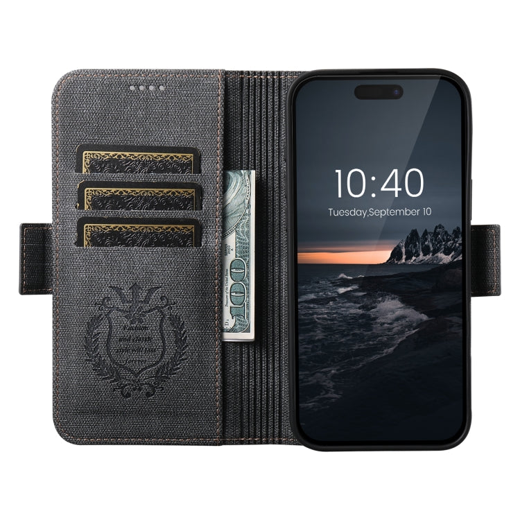 For iPhone 16 Plus Suteni J07 Multi-functional Horizontal MagSafe Denim Leather Phone Case(Black)