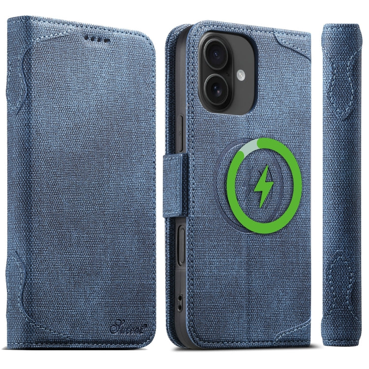 For iPhone 16 Plus Suteni J07 Multi-functional Horizontal MagSafe Denim Leather Phone Case(Blue)